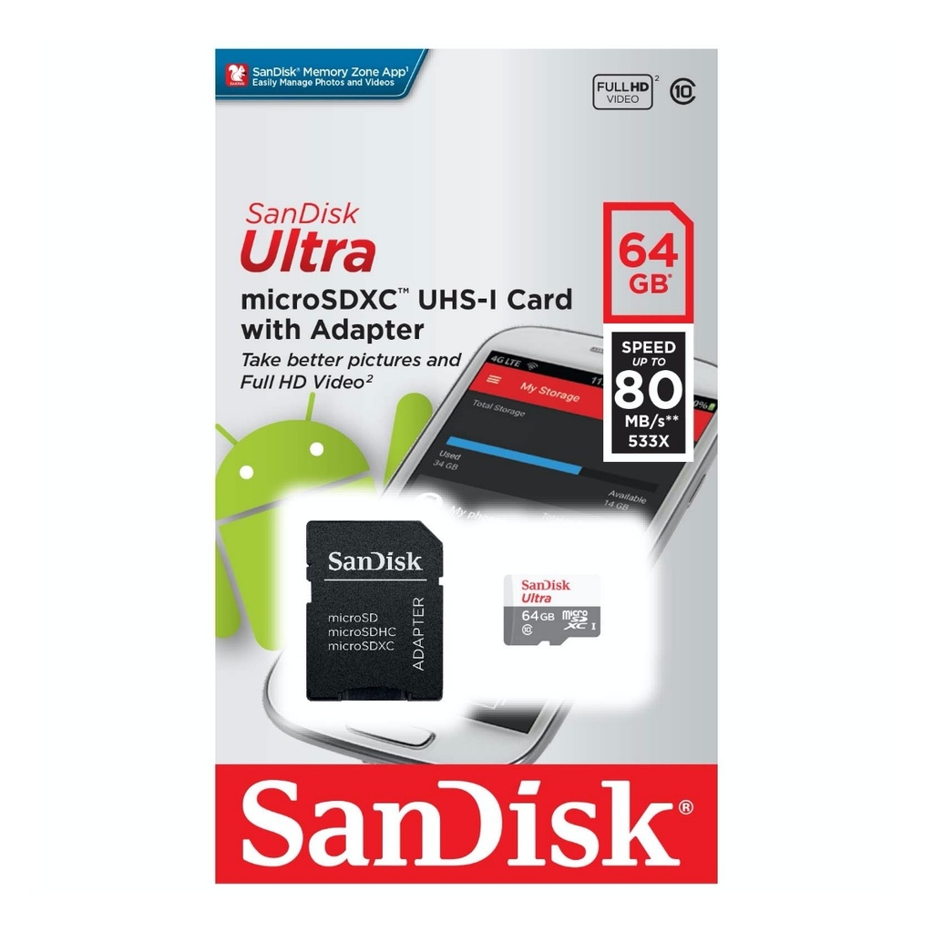 Memoria Micro SDXC SanDisk 64gb ULTRA con adaptador USH-1 C10 Android 100M