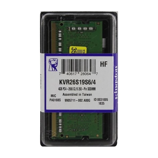 [190040] Memoria RAM DDR4 2666MHZ NO-ECC KVR26S19S6/4GB